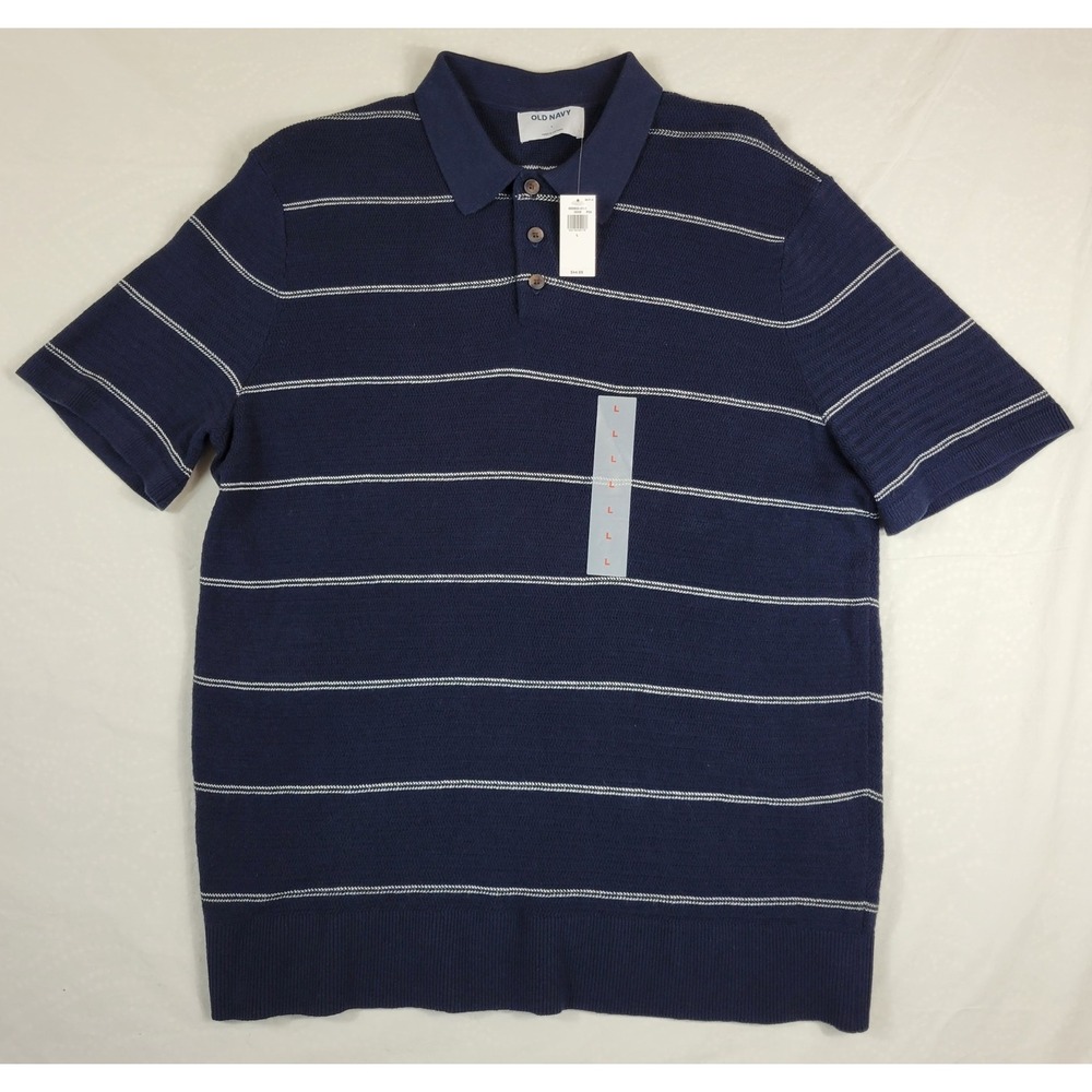 Old Navy Mens Textured Knit Polo Shirt Navy Blue White Striped Large 685900-01-1